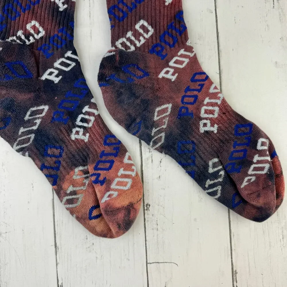 POLO Ralph Lauren All Over Logo Spell-out Tie-Dye Crew Socks Unisex - Picture 5 of 10